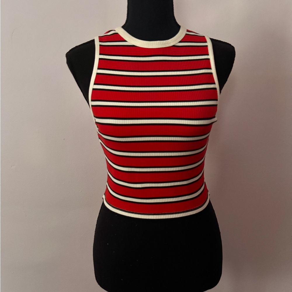 Alice + Olivia Red and Black Striped Ribbed Tank with Cream Trim